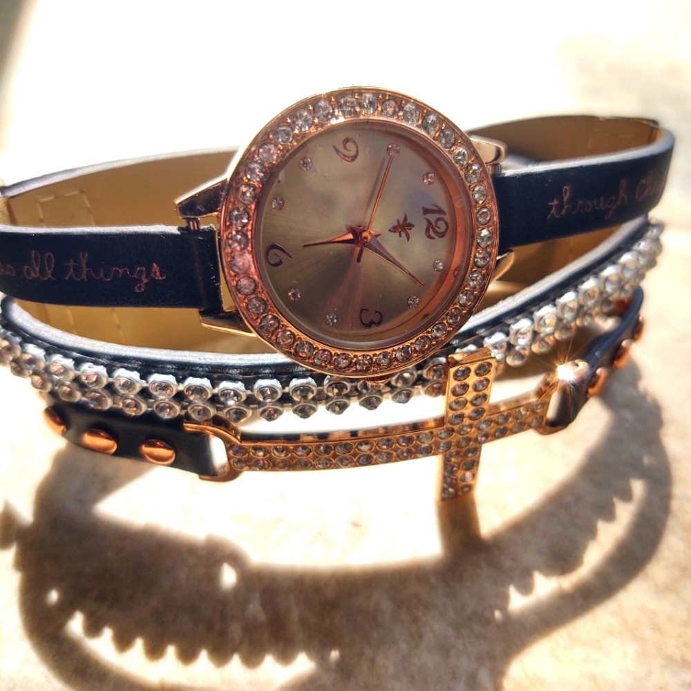A Christian faux leather rhinestone watch